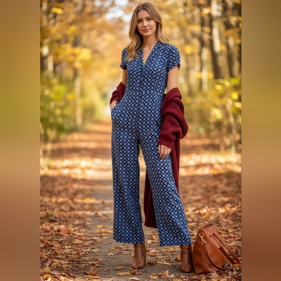 ANTHROPOLOGIE, LEITH,  NEW. Blue medallion Patterned Jumpsuit   Size  Small - Picture 1 of 7
